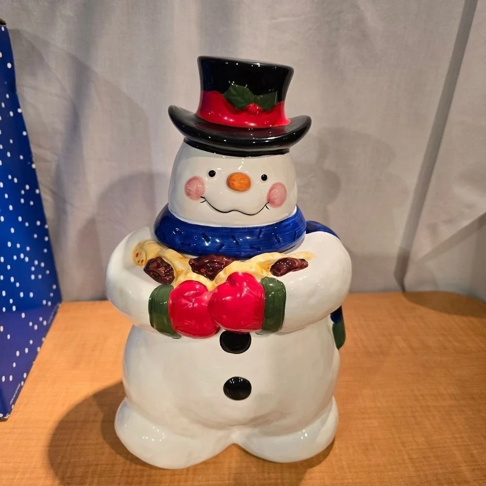 Snowman Cookie Jar Top Hat‎ Blue Scarf Holding Cookies with Original Box